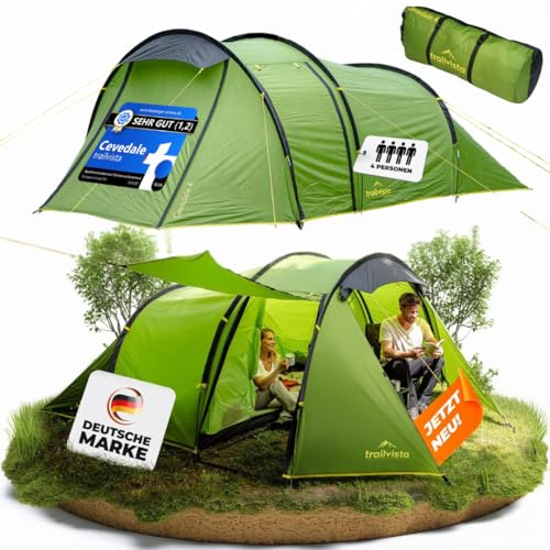 trailvista® Cevedale Zelt 4 Personen Wasserdicht, leicht, kompakt & schnell aufbaubare Zelte, Camping Zelt mit Vorzelt - Tent, Familienzelt, Tunnelzelt 4 Personen Zelt