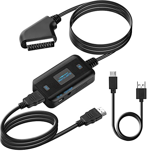 KUYIA Scart-auf-HDMI-Konverter mit HDMI- und Scart-Kabel,720P/1080P,Umschalter,Video-Audio Adapter, SCART-in-HDMI-Ausgang-Adapter für HDTV-Monitor STB,VHSPS3,DVD-Player