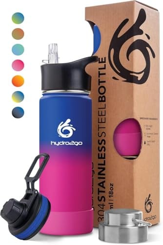 hydro2go Edelstahl Trinkflasche Mit Strohhalm, Bpa-Frei, Isolierflasche Für Kinder, Sport & Outdoor, Hält 12h Heiß 24h Kalt, 3 Verschlüsse, 530ml