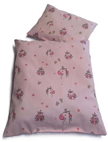 Puppenbettwäsche rosa Einhorn, Decke 26b x 33h, für Puppenbett,-Wagen oder Puppenwiege
