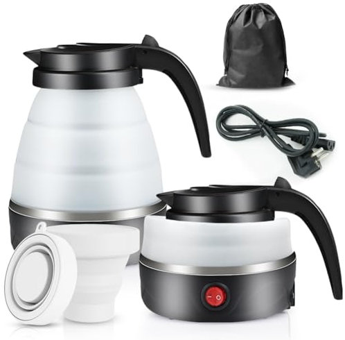 Piashow 600ml Faltbarer Wasserkocher Mini Mit 2 Faltbechern - Elektrisch Klein Silikon Wasserkessel für Camping, Reise, Outdoor