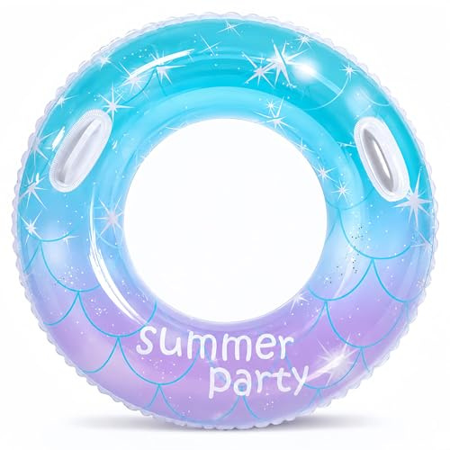 WIKIMO Schwimmreifen Erwachsene, Aufblasbarer Schwimmring Mit Griff, 80x38 cm Transparenter Schwimmringe für Pool Sandstrand Draußen Blau Geeignet für Personen ab 14 Jahren