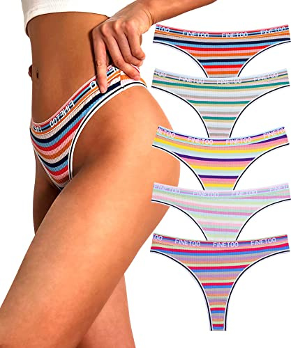 FINETOO 5er Pack String Tanga Damen Baumwolle mit Niedriger Leibhöhe Sportbund Thongs Unterhosen Frauen Bunte Streifen Mehrpack S-XL