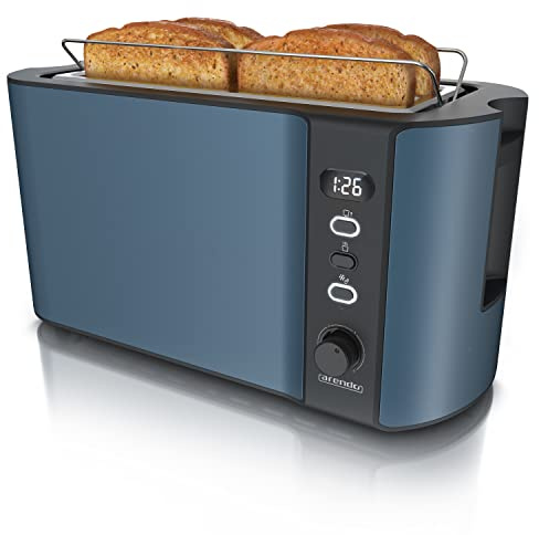 Arendo - Edelstahl Toaster Langschlitz 4 Scheiben - Defrost Funktion - wärmeisolierendes Gehäuse - mit integrierten Brötchenaufsatz - Krümelschublade - Display mit Restzeitanzeige - Admiral Blau