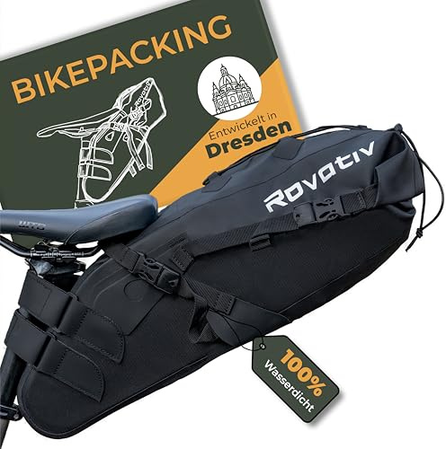Rovativ® - Bikepacking Satteltasche [10 Liter] 100% Wasserdicht - super Fester Halt - Fahrrad Satteltasche aus TPU-Gewebe - für Gravelbike und MTB Bike Packing