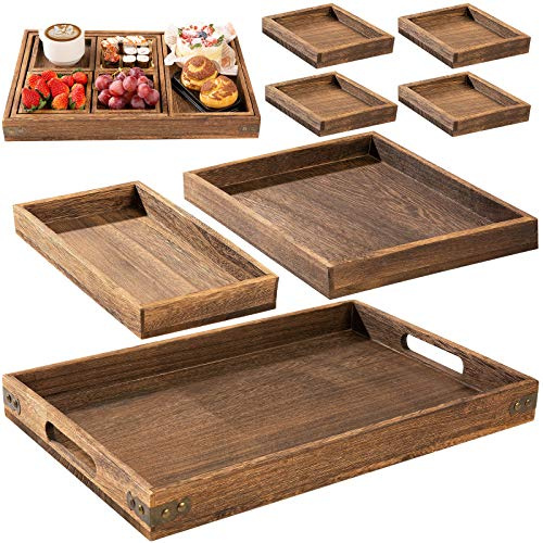 Yangbaga Tablett Serviertablett 7ST aus Holz, mit Griffen Tablett Rechteckig für Geschirr, Getränke, Frühstückstablett, Serviertablett Partyempfang oder Deko
