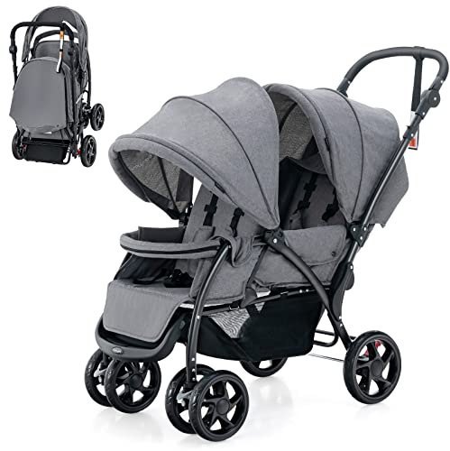 COSTWAY Geschwisterwagen klappbar, Zwillingswagen mit verstellbarer Rückenlehne & Verdeck, Reisebuggy mit Liegefunktion, Zwillingsbuggy Kinderwagen für Baby ab 6 Monate, 30 kg Belastbar (Grau)