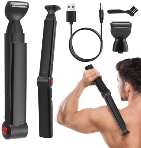 Rückenrasierer für Männer, Körpertrimmer Elektrischer mit 2 abnehmbare Scherköpfe & Ergonomischer Armverlängerung, Faltbare Herren Körperrasierer für Rücken-, Gesichts-, Brust- & Schulternpflege