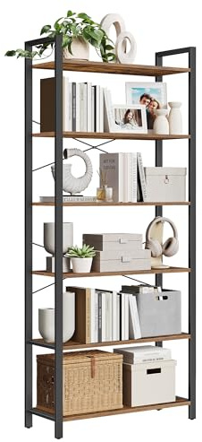 VASAGLE Regal, Bücherregal, Standregal, DVD-Regal, mit 6 Ebenen, Büroregal, offene Ablagen, für Büro, Wohnzimmer, Schlafzimmer, Küche, 30 x 78 x 185,5 cm, vintagebraun-tintenschwarz LLS082B01