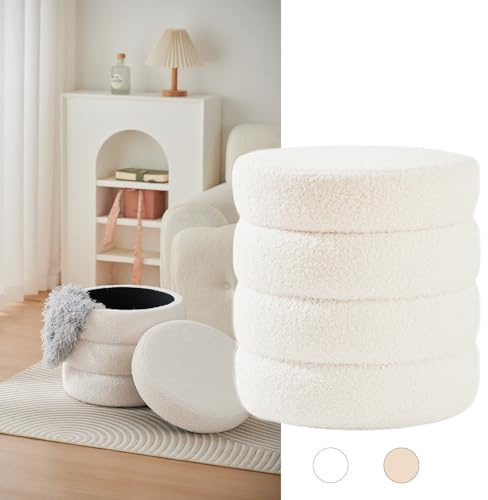 Zedelmaier Runder Teddy Hocker mit Stauraum - Sitzhocker, Schminktisch & Aufbewahrungshocker für Wohnzimmer, Schlafzimmer & Kinderzimmer (Weiß)