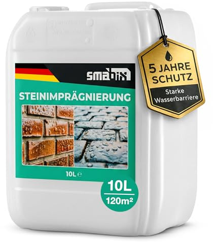 Steinimprägnierung Außen 10 L, Steinversiegelung, Naturstein, Pflaster | Für 120 m², Made in Germany, schützt Terrassenplatten, Beton und Fassaden vor Feuchtigkeit