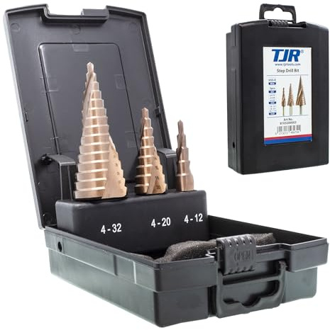 TJR® HSS-E M35 Kobalt Stufenbohrer-Set, 3-teilig, 2 Spiralnuten, 29 Stufen (4-32 mm), für schnelles Bohren in Edelstahl, Legierungsstahl, Nichteisenmetallen und Kunststoffen