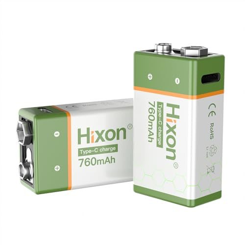 Hixon 9V Block Akku, Wiederaufladbare Lithium 9V USB-C Akku, 760mAh mit Type-C Ladekabel, für Rauchmelder und Multimeter, 2 Stück