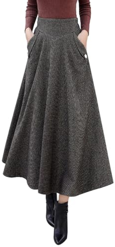 Faltenrock Damen Winter Wolle Rock Lang Vintage Hohe Taille Elastische A-Linie Tartan Glockenrock Trachtenrock