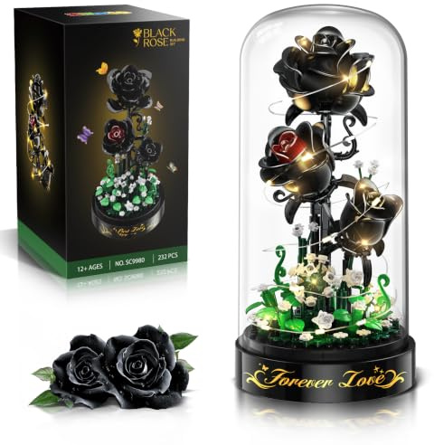 HiWEEGO Blumen Rosen Bausatz mit LED Licht 232 Teile Schwarzer Rosenstrauß | 3.6MM Blumenstrauß Baustein Spielzeug, Botanische Kollektion Valentinstagsgeschenk für Mädchen, Erwachsene und Frauen