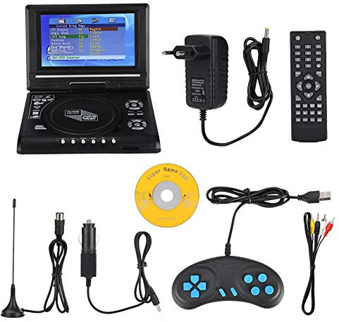 7,8-Zoll-tragbarer DVD-Player-Drehbildschirm mit TV-Funktion + Autoladegerät + Gamepad, integriertem Unterstützung für FM-Radio, Unterstützung für SD-Karte und USB-Anschluss(EU)