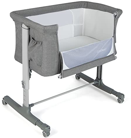 COSTWAY 3 in 1 Beistellbett Baby, Reisebett mit Matratze, Hellgrau | Babybett 5 stufig höhenverstellbar & neigbar, Babywiege inkl. Tragetasche, Stubenwagen mit Rollen für Boxspringbett