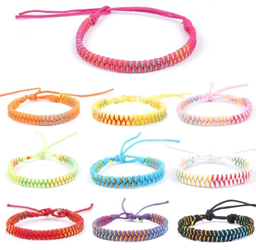 Maxmoc Freundschaftsarmbänder Kinder,10 Stück Armband Kinder Mädchen,Handgefertigt Gewebte Freundschaftsarmband,Verstellbar Regenbogen Armbänder für Frauen Damen Herren (10, flach 10 Stück)