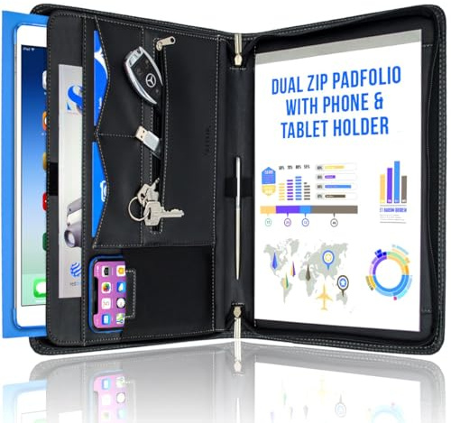 STYLIO A4 Reißverschluss Schreibmappe Dokumentenmappe Ordner, Konferenzmappe Interview Dokument Veranstalter. Ipad/Tablet Halterung (10.1 zoll) Mit Schreiben Großem Notizblock, Schwarz Veganes Leder