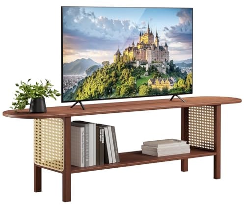 HollyHOME TV Schrank Bambus TV Lowboard Rattan 140cm Fernsehschrank Fernsehtisch TV Bank 2-stöckige TV Tish TV Table für Wohnzimmer Schlafzimmer, Dunkel