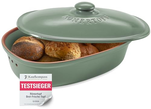 Römertopf Brottopf oval MAXI 6,5 L Brotkasten Keramik XXL, Grün | 40 x 28 x 20 cm, Platz für Baguette und Wochenvorrat, atmungsaktive Keramik mit Deckel, spülmaschinengeeignet