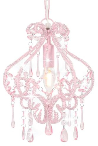 vidaXL Deckenpendelleuchte, E14 Lampen, 24x32 cm, rosa Metallfuß mit Acrylperlen, eleganter Kronleuchter für Schlafzimmer & Wohnzimmer, Hängeleuchte