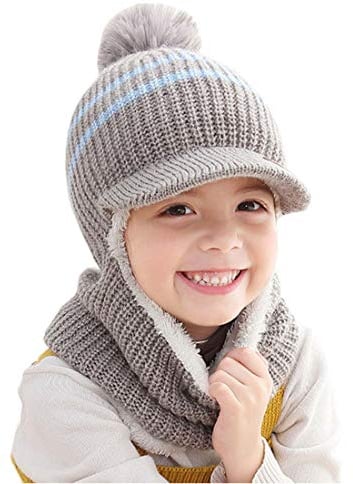 YONKOUNY Kinder Wintermütze Jungen Mädchen Warm Niedlich Strickmütze Schalmütze Schlupfmütze Beanie Mütze mit Fleecefutter