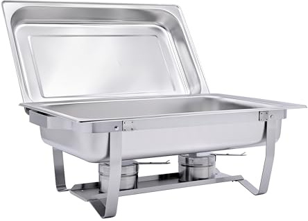TeknoStahl GN-Chafing Dish Speisewärmer Komplettset 1/1 inkl. Gestell mit Tragegriffen und Deckelhalterung, Wasserbadbehälter, GN-Behälter 1/1 65 mm, Brennpastenhalter inkl. Schliessmechanismus