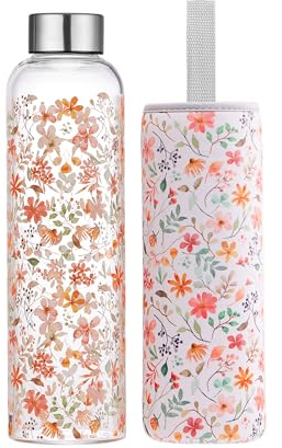 Autsel 500ml Glasflasche Trinkflasche Glas Sport Borosilikat Glass Bottle Wasser Flasche mit Neopren-Hülle mit Auslaufsichere Abdeckung