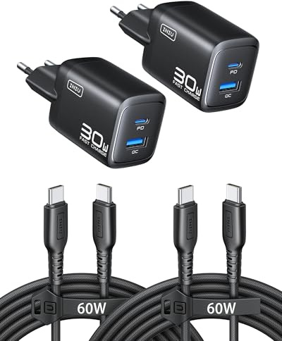 INIU 30W USB C Ladegerät, Dual-Port GaN Schnellladegerät mit 1,5m 60W Kabel | Intelligentem Geräteschutz, GaN-Technologie, für iPhone 18 17 16 Pro Max, MacBook Air, Galaxy S26 S25, Pixel, 2-Pack Schwarz