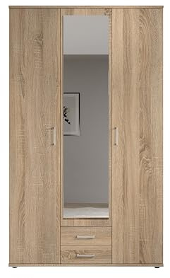 KARL Eleganter 3-türiger Kleiderschrank mit viel Stauraum - Mehrzweckschrank Sonoma Eiche mit Spiegeltür - 120 x 195 x 55 cm