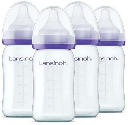Lansinoh Glas Flaschenset - Babyflaschen mit NaturalWave Sauger Gr. S, 160 ml - 4 Stück