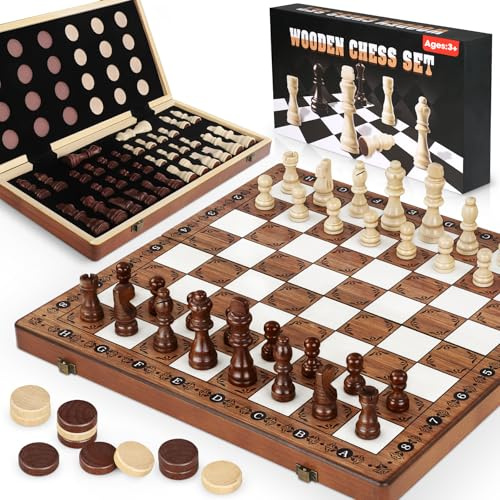 2 in 1 Schachspiel Magnetisches Schachbrett Holz 39x39cm Handgefertigtes Schachbrett aus Echtholz Faltbares Magnetisches Schachspiel für Kinder Erwachsene, Reisen Familie Aktivitäten Geschenk