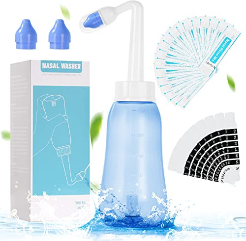 URAQT Nasendusche mit Salz, 300ml Nasenspülung mit 20x Salz 10x Aufkleberthermometer, BPA-frei, Nasenspülkanne zur Nasenreinigung und Nasenspülung, Neti Pot Nasenspülsalz für Erwachsene und Kinder