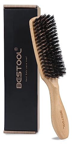BESTOOL Haarbürste, Wildschweinborsten Bürste für Damen Herren Kinder zum Entwirren & Stylen, Naturborsten Bürste für dünnes, feines Haare, Bartbürste, Griff aus schwarzem Walnussholz