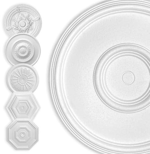 HEXIM Stuckrosette Styropor EPS weiß, Deckenrosette rund & eckig, Innendekor für Decke & Wand, Deckenrosette Kronleuchter Zierelement Architektur Stuck (40x40 cm Kreis)