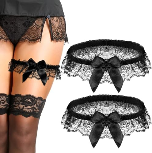 Quilax Halloween Schwarz Strumpfband,Strumpfband Braut mit Schwarz Spitze | Brautstrumpfband,Hochzeit Strumpfband,Bandelettes,Geschenk for Braut,für Halloween Party,Engagement