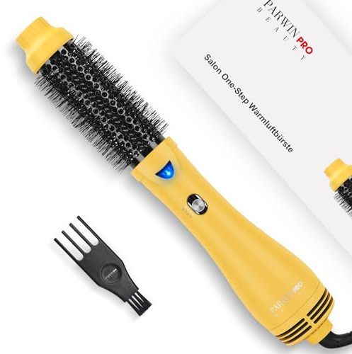 One-Step Warmluftbürste Föhnbürste, PARWIN PRO BEAUTY Rundbürstenföhn, 4 in 1 Rund Haartrockner lockenbürste, Ionen Fönbürste Rundbürste für Trocknen, Glätten und Volumen, 1000 Watt (Gelb)