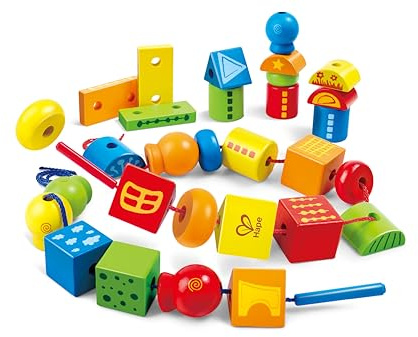 Hape Fädelklötze - klassisches Steck- und Fädelspiel mit 30 Teile, Motorik- und Lernspielzeug, für Kinder ab 3 Jahren