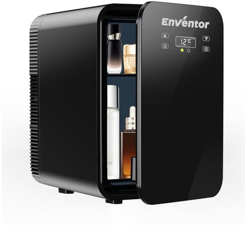 Enventor Mini Kühlschrank 10L, Kleiner Kühlschrank für Zimmer, Duales Kühlsystem, 12V / 220V Steckdose, Kühl- und Heizfunktion, Kosmetik Kühlschrank Leise für Auto, Schlafzimmer, Büros(Schwarz)