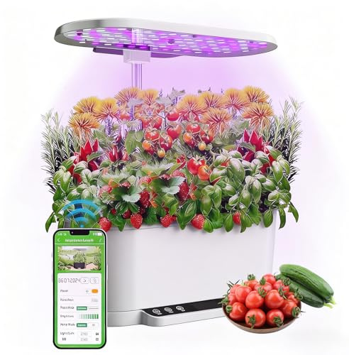 Zertylre WiFi Hydroponisches Anzuchtsystem, 15 Hülsen Smart Herb Garden Kit für Innenräume, Indoor Garten mit 36W LED Wachstumslicht, 5.5L Wassertank, Pumpsystem, automatischer Timer, weiß