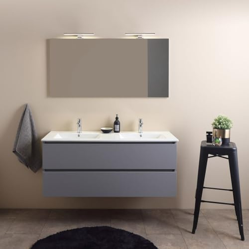 Kiamami Valentina Hängendes Badmöbel 120 cm Doppelwaschbecken Grau | 2 Schubladen, melaminbeschichtetes Holz, Keramikwaschbecken, Spiegel 120x60 cm, Griffmulde, Soft-Close