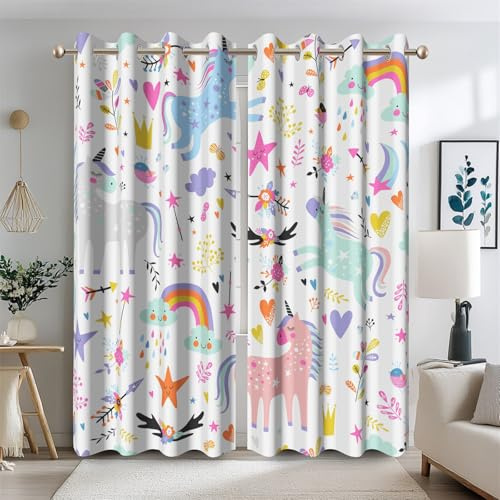 Ttincceer U-nicorn Vorhang für Kinder Schlafzimmer Cartoon Regenbogen Wolke Blackout Vorhang für Mädchen Zimmer Bunte U-nicorns Fenster Vorhänge für Kinderzimmer Zimmer 2 Panels 117x183cm