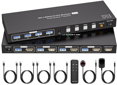 VPFET 4 port HDMI KVM Switch 4 PC 1 Monitore 4K60Hz KVM Switches HDMI 2.0 Aktie 4 USB 3.0 Devices Unterstützt Simulation EDID Mit DC12V Netzadapter und 4 USB 3.0 Kabel