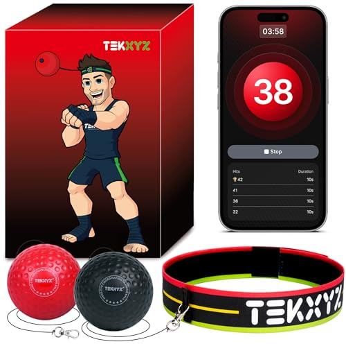 TEKXYZ Reflexball mit Zähler-App und Online-Community, 2 Stufen, Boxball mit Stirnband für Reaktion, Agilität, Schlagtempo und Hand-Auge-Koordination