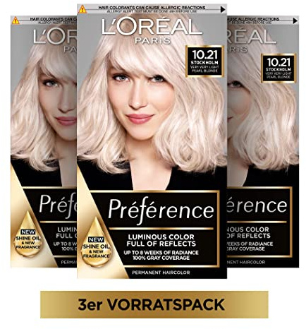 L'Oréal Paris Permanente Haarfarbe, Haarfärbeset mit Coloration und Farbglanz-Pflegebalsam, Préférence, 10.21 Platin Perlmuttblond, 3er Set