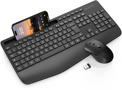 Tastatur Maus Set Kabellos, Ergonomische Tastatur in Voller Größe mit Handgelenkauflage, Telefonhalter, Schlafmodus, Leise 2,4 GHz kabellose Tastatur und Maus für Mac, Windows, Computer, Laptop, PC