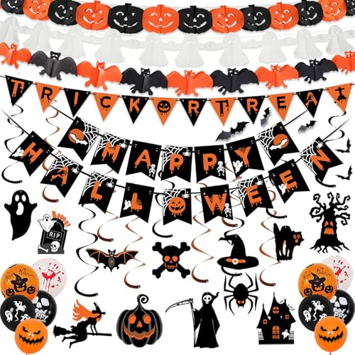 AMLOOPH Halloween Deko Innen Set - Gruselige Party Dekoration Mit Wiederverwendbarer Girlande, Banner, Luftballons, Fledermaus, Geist, Kürbis für Türdeko