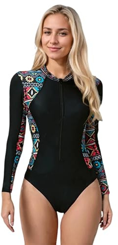 Beachkini Damen Surfanzug Badeanzug mit BH,UPF 50+ Langarm Reißverschluss Schwimmshirt,Langarm Einteilige Rashguard,One Piece Swimsuit,Schwarz,M