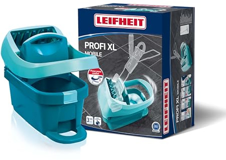 Leifheit Wischtuchpresse Profi XL Mobile, Bodenwischer mit Fußbedienung | Mit 8 l Putzeimer, 2 Rollen und Transportgriff, Wischer für rückenschonendes Auspressen ohne Hände im Schmutzwasser